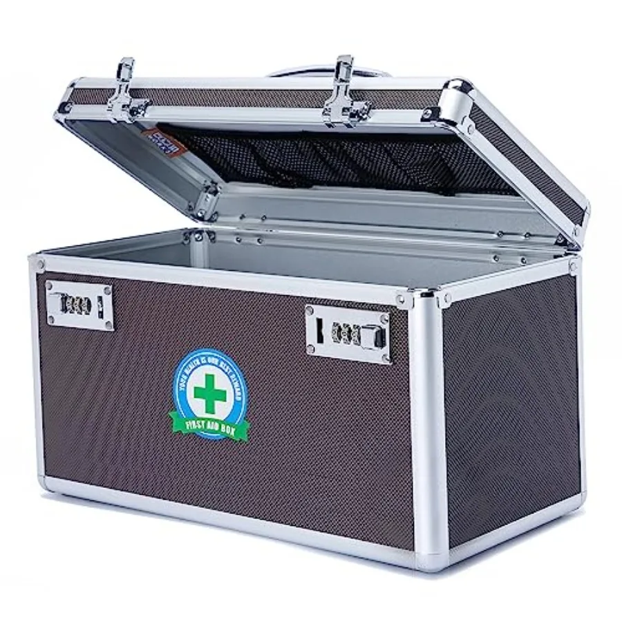 

Lockable Medication Box 15''x8.7''x9.3'' Brown Portable Childproof Storage Case for Medicine Documents Valuables