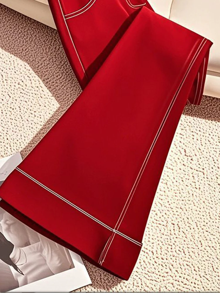سراويل حمراء غير رسمية متعددة الاستخدامات بالإضافة إلى السراويل السميكة ذات الساق الواسعة ذات الخصر العالي والتخسيس ذات الطراز العطري الصغير