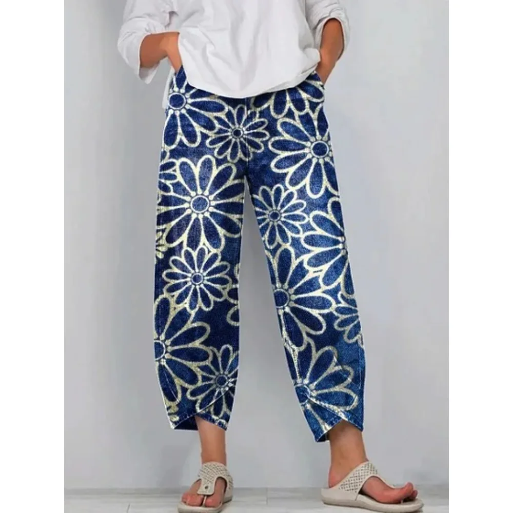 Damen Baumwoll-Haremshose mit Japanischem Ukiyo-E Wellen- und Blumenmuster, Locker Geschnittene Caprihose in Tulpenform, Knöchellange Freizeithose – Detail 6