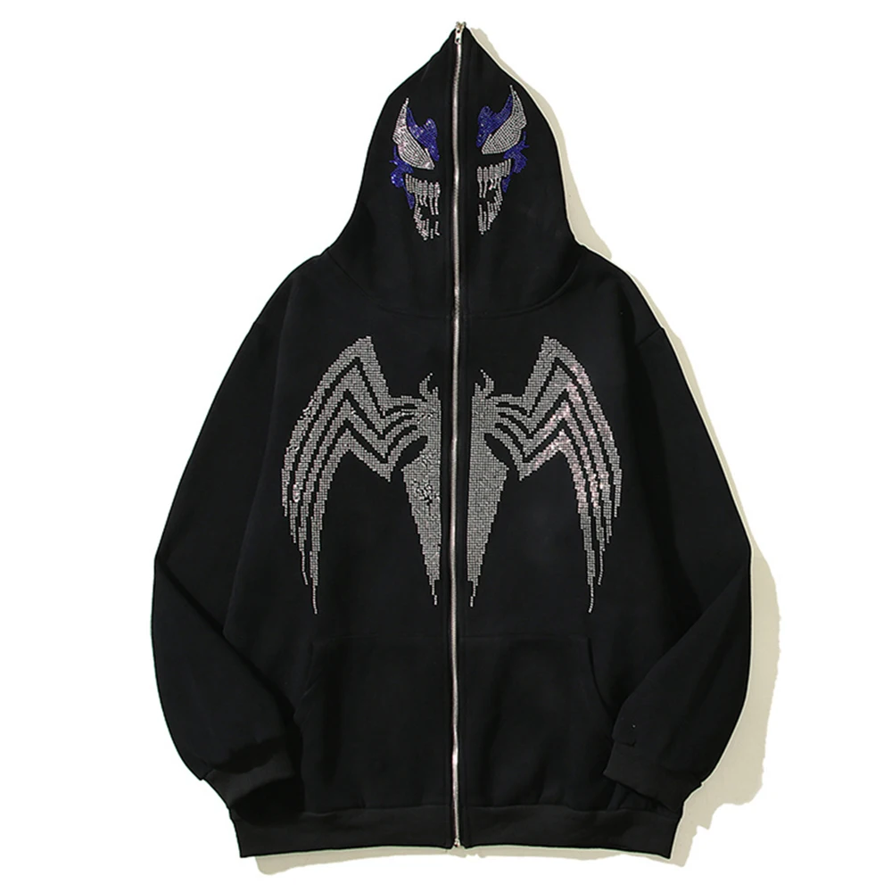 Iron Diamond Cardigan Hooded Man Zipper from Hat Streetwear Men's Sweatshirts and Hoodies Black Fleece Material