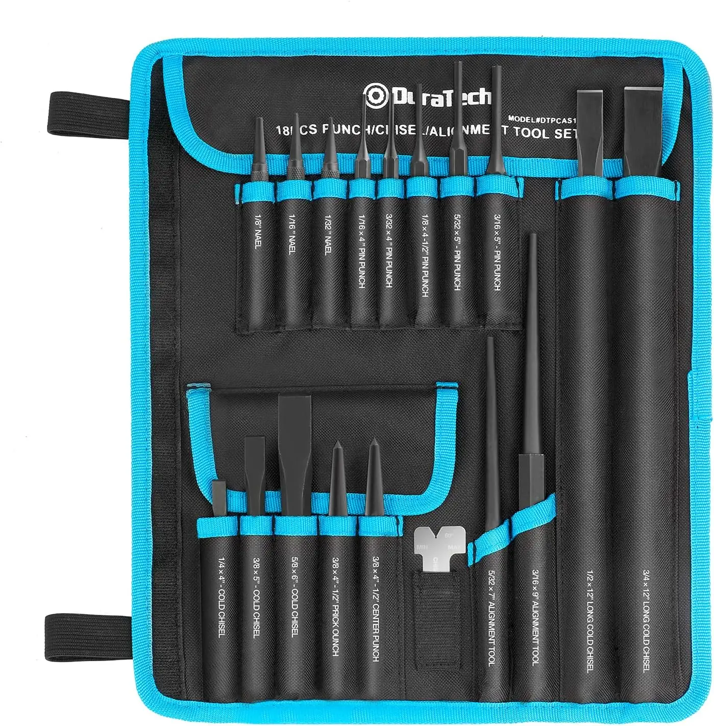 

18-Piece Punch & Chisel Set with Rolling Pouch – Pin, Center, Nail, Alignment Tools, Cold Chisel, Gauge