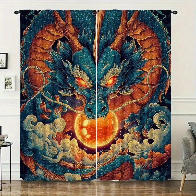 

Cloud and mist swallowing pearl dragon Print Drapes Room Darkening Window Curtains for Home Decor,Rod Pocket Blackout Curtains