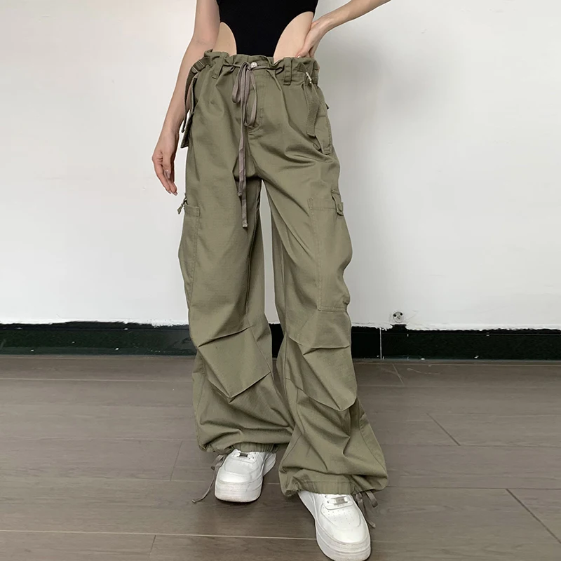 Lygens Loose Casual Pocket Lace Up Cargo Pants Streetwear Wide Leggings Autumn Winter Fashion Trousers High Waist Women Pants