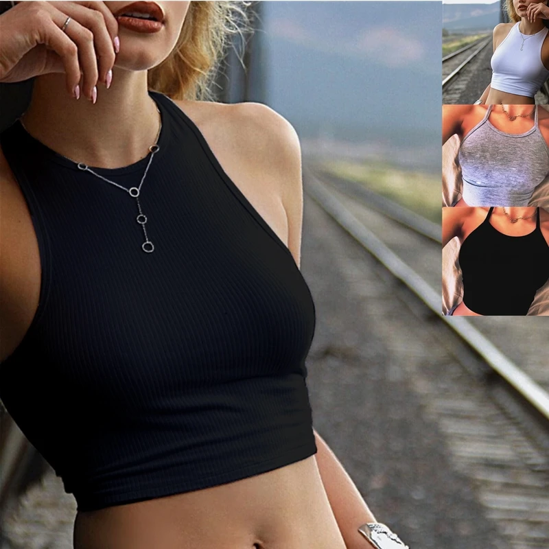 

Ribbed Tank Tops Sexy Crop Vest Solid Harajuku Korean Female Off Shoulder Knitted White Summer Women Tops