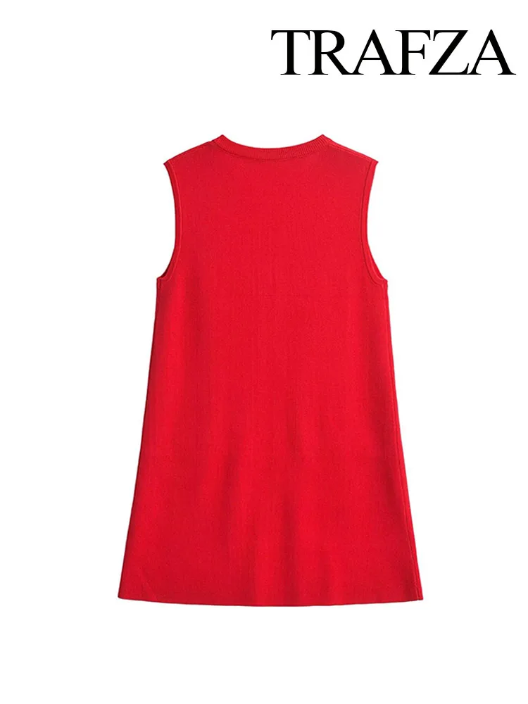 TRAFZA Women\'s Summer Casual Slim Knitting Dresses Red O-Neck Sleeveless Buttons Single Breasted Female New Fashion Mini Dress