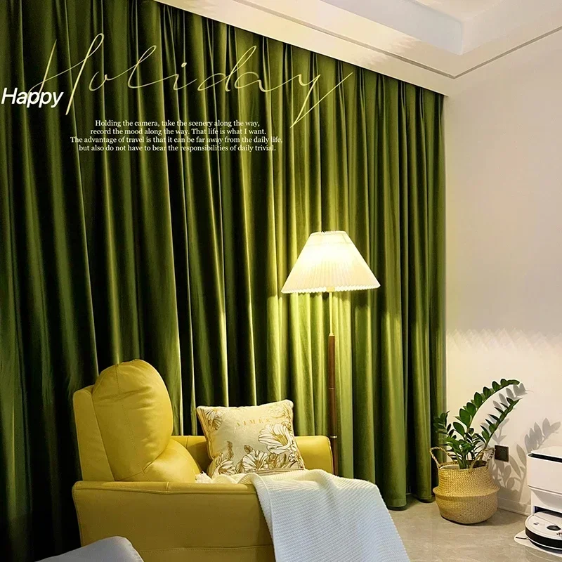 

European French Retro Olive Green Velvet Curtains for Living Room Bedroom Luxury Blackout High-end Thick Textured Customize