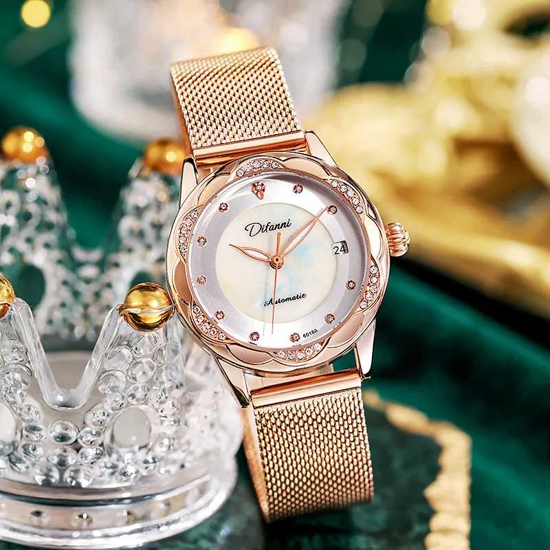 Women Brand Mechanical Watches Automatic Crystal Diamond Wristwatch Lady Waterproof Fashion Casual Luminous Calendar Date Clock