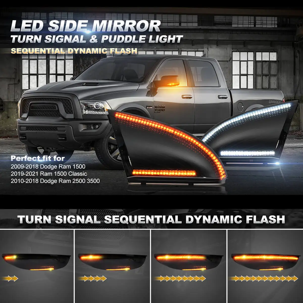 2Pcs Sequential Switchback LED Side Mirror Turn Signal Light Amber,Puddle Lamp White for 2010-2018 Dodge Ram 1500 2500 3500