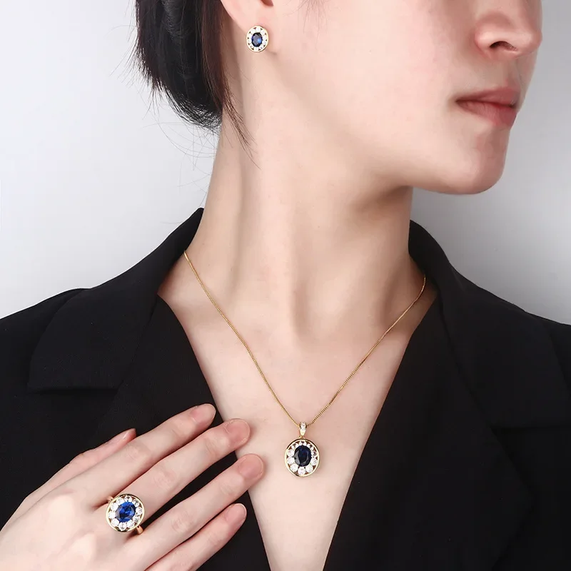 Elegant Sapphire Blue Jewelry Adjustable Ring Necklace Earrings Gold Plated Vintage Perfect Gift for Women Wedding Accessories