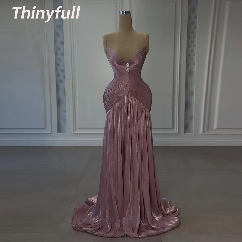 

Thinyfull Mermaid Arab Prom Dresses Sweetheart Sleeveless Pleat Evening Gown Shiny Satin Formal Dress robes de soirée Customized