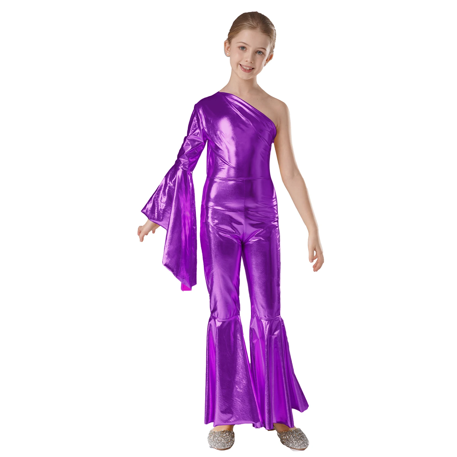 

Girls Metallic Disco Shiny Bell-Bottom Dance Jumpsuit One Shoulder Flare Sleeve Bodysuit Carnival Party Performance Costume