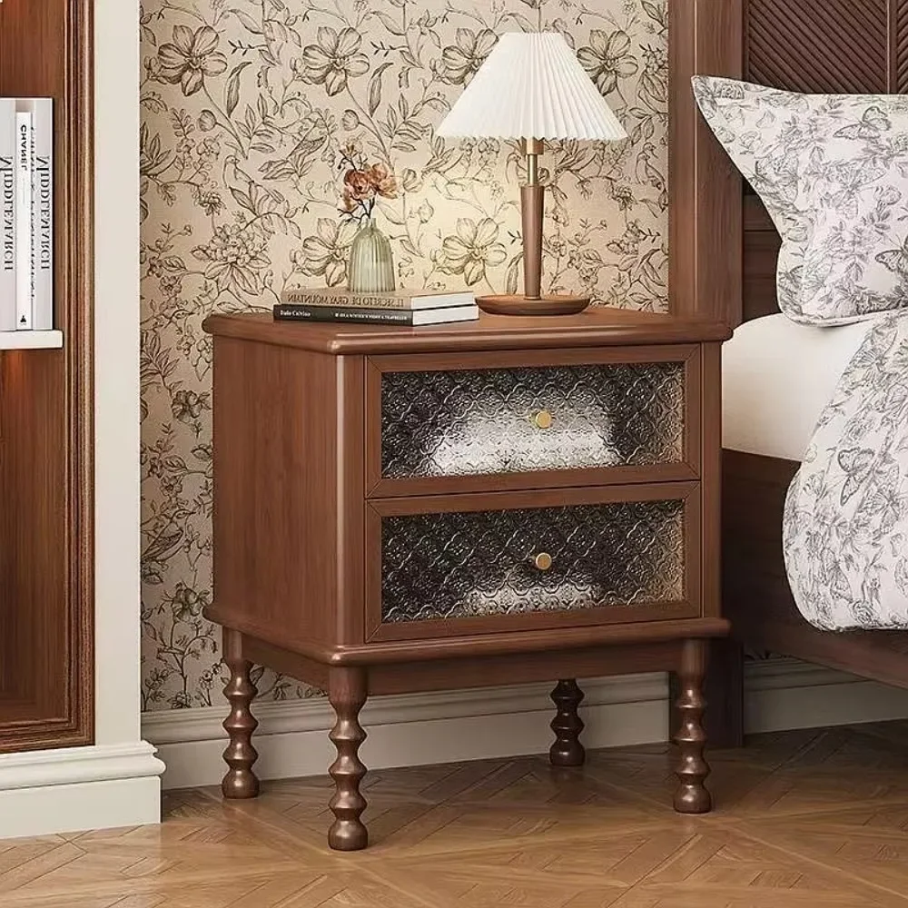 SF Mid-Century Modern Solid Wood Nightstand, Rustic Bedside Cabinet with Storage, Small Night Table for Bedroom