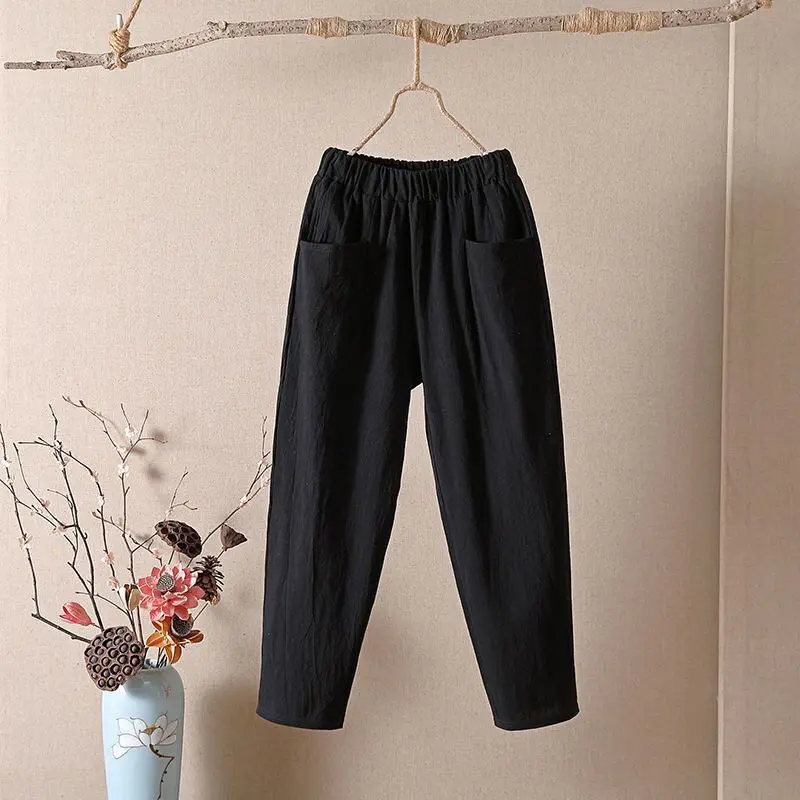 Calça de bolso de linho feminina, confortável, senhoras, simplicidade, monocromática, novo, primavera, outono, calças de cintura elástica