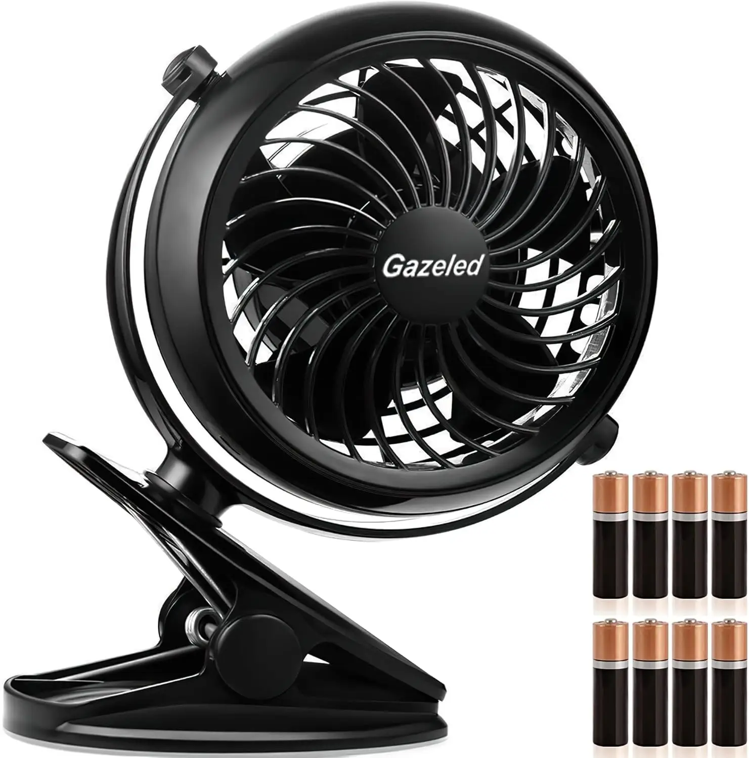 

360° Rotating Clip on Fan, Battery or USB Powered, Portable 5'' Fan with 8 Free AA Batteries for Camping, Stroller, Bedroom