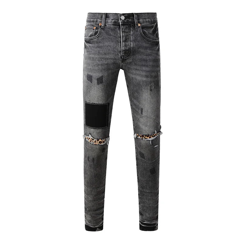 Men's Distressed Ash Gray Skinny Americans High Street Style Destroyed Holes Bandanna Patchwork Slim Fit Ripped Jeans