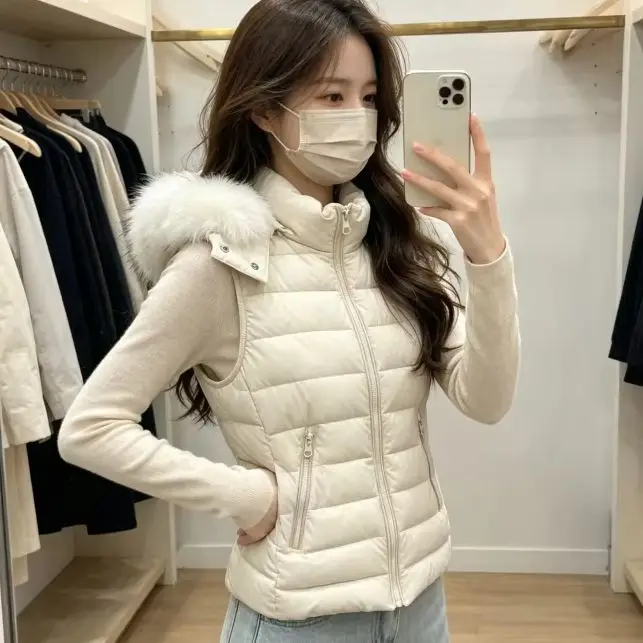 2026 New Autumn Winter Women Faux Fur Collar Hooded Vest Coat Slim Fit High Quality Sleeveless Warm Short Waistcoat Casual