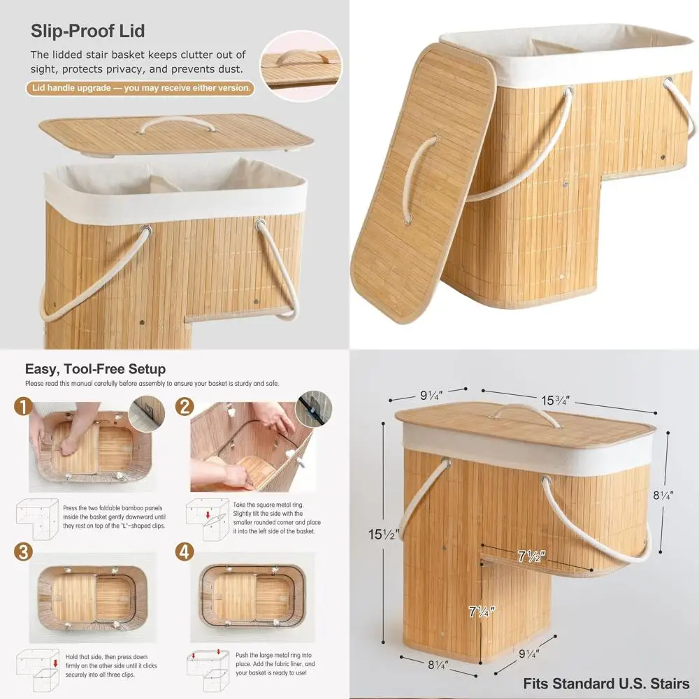 

Foldable Bamboo Stair Basket Organizer for Stairs, Storage Bin for Toys, Shoes, and Books (Natural)