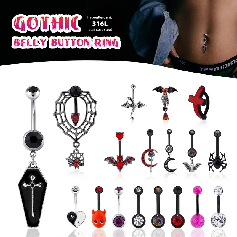 

1pc Stainless Steel Goth Yin-yang Bagua Bat Navel Ring Moon Cross Navel Ring Jewelry