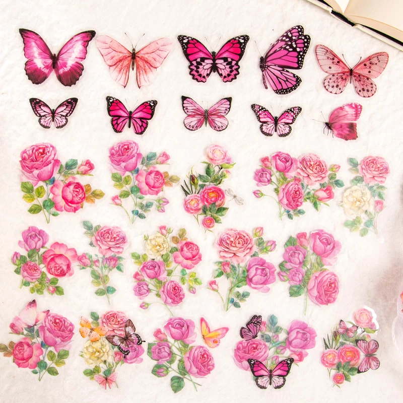 JIAMEI 50pcs/pack Floral Butterfly Stickers Waterproof PET DIY Scrapbooking Collage Junk Journal Aesthetics Decor Stickers