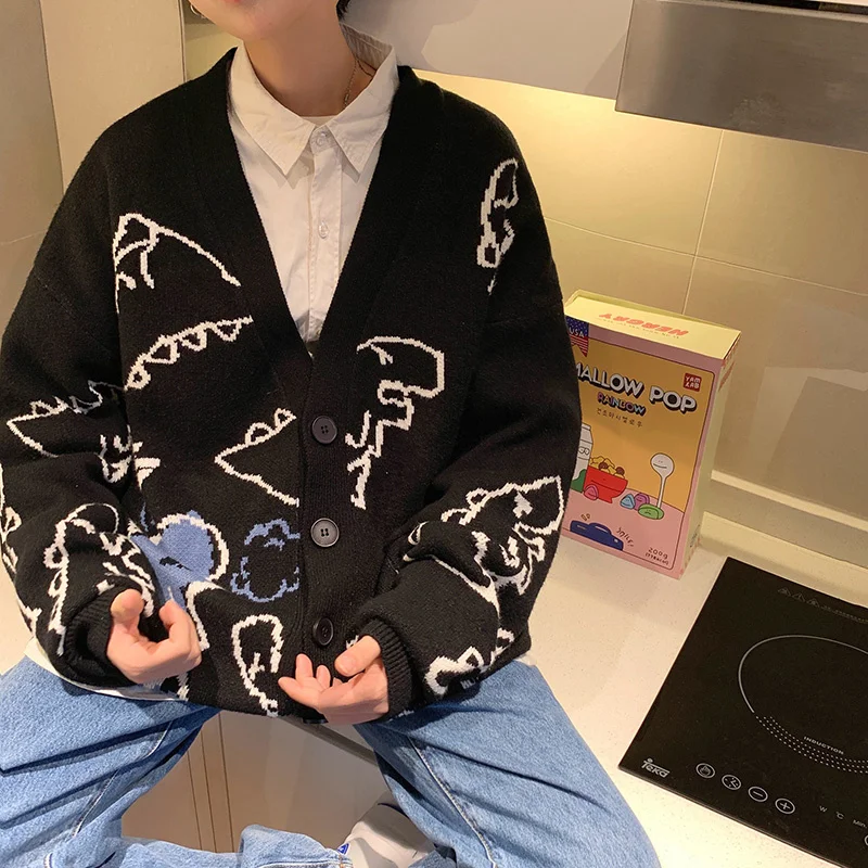 Autumn Oversize Cardigan Men Knitted Dinosaur Sweater Streetwear Loose Male Women Coat 2023 Doodle Hip Hop Pattern Winter