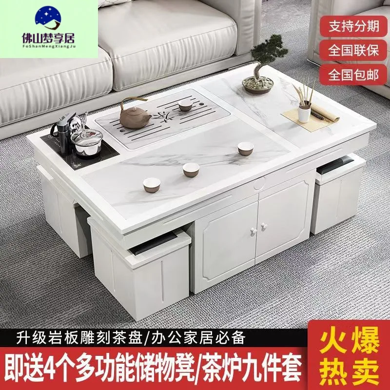 Kungfu Coffee Table with Kettle, Fire-Roasted Stone Tea Table and Chairs, Tea Set Integrated Sintered Stone for Home