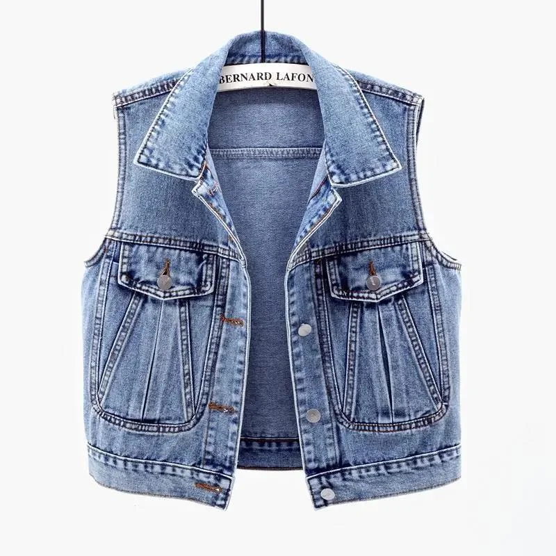 

2023 Spring and Autumn New Pleated Large Pocket Denim Closing Women's Short Vest Women Waistcoat Jacket Slimming Wear Top