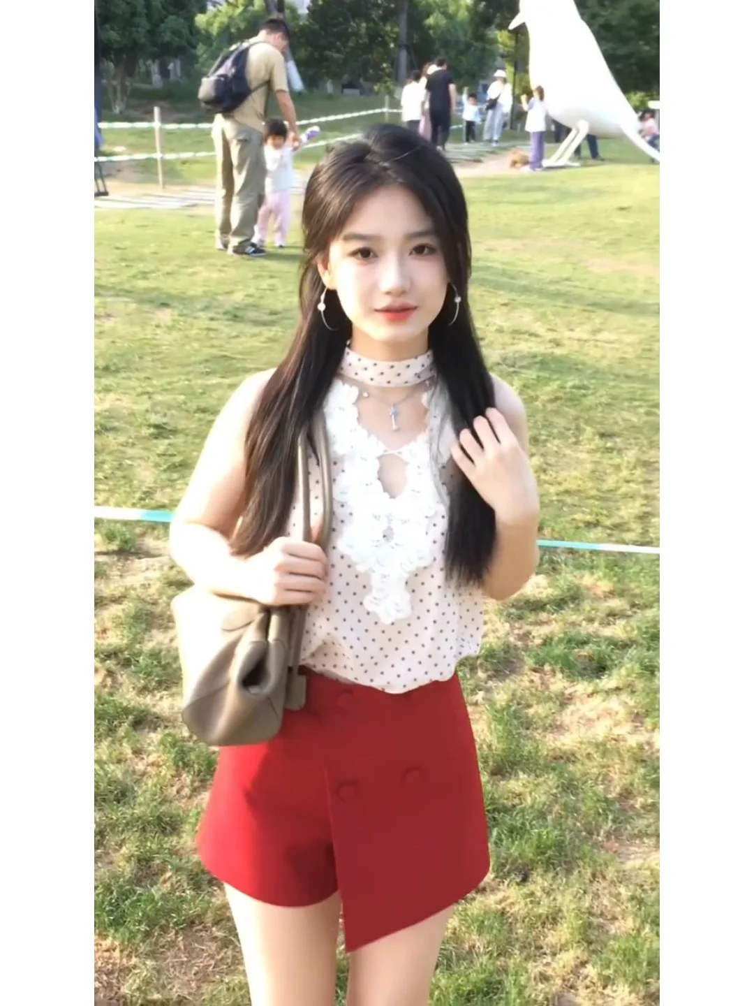 Summer Fashion Set Polka Dot Lace V-neck Vest Red  Skirt Pants High Waist Short Sleeve Button up Slim Fit Women's Ensemble