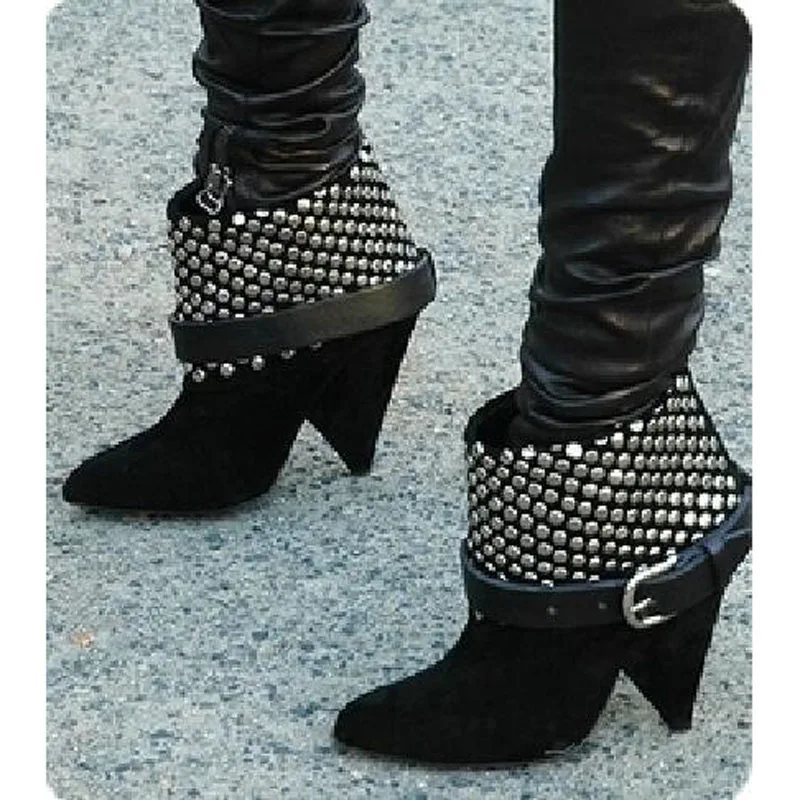 Spring New Fashion Black Suede Leather Women Finger Heel Ankle Boots Silver Rivets Cover Ladies Pointy Toe Knight Boots