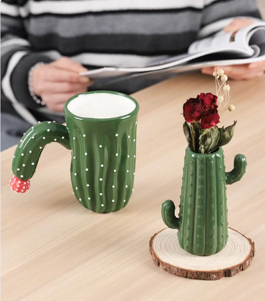 3D Cactus Shaped Ceramic Coffee Mug Textured Dot Design Novelty Water Cup Cute Breakfast Milk Cup Home Office Table Decor Gift