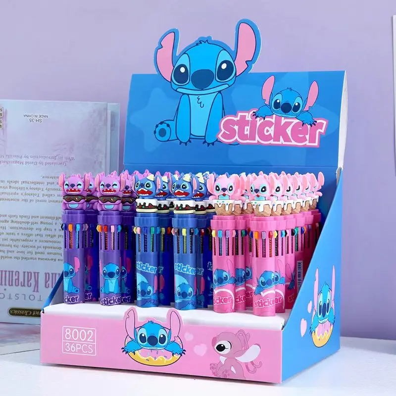 Disney 36Pcs Ballpoint Pen Stitch Cartoon Students Multifunctional Color Pen 0.7Mm 10-Color Marke Creative Stationery Wholesale