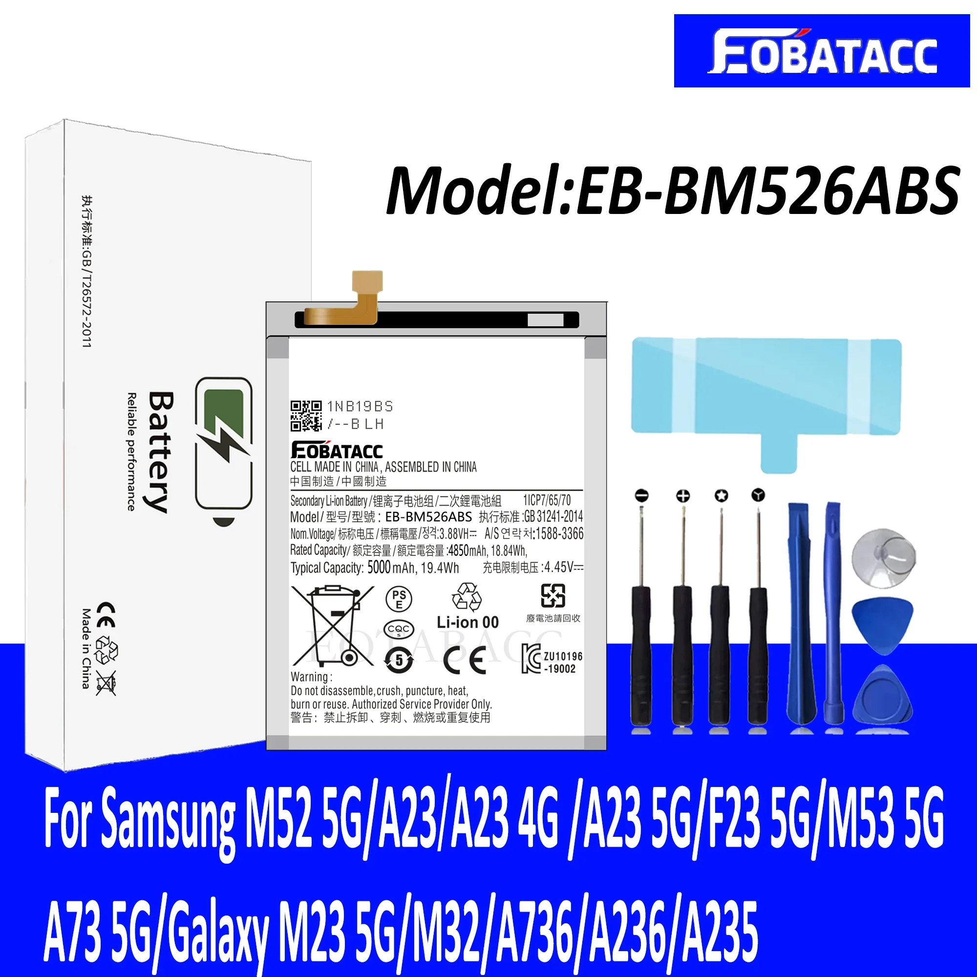 

EOTABACC 100% New high capacity Battery EB-BM526ABS For Samsung M52 5G/A23/A23 4G /A23 5G/F23 5G/M53 5G/A73 5G Battery +Tools