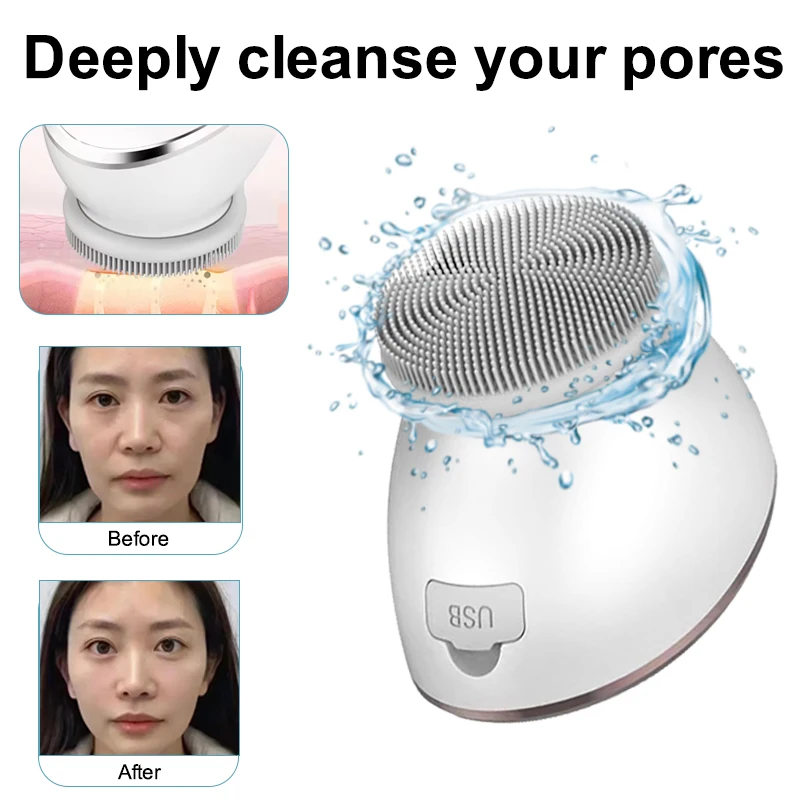 แปรงทำความสะอาดผิวหน้าแบบใช้ความร้อน 2in1 แปรงทำความสะอาดรูขุมขนด้วยคลื่นเสียงซิลิโคน พร้อมเครื่องนวดหน้าแบบใช้ความร้อน ชาร์จซ้ำได้