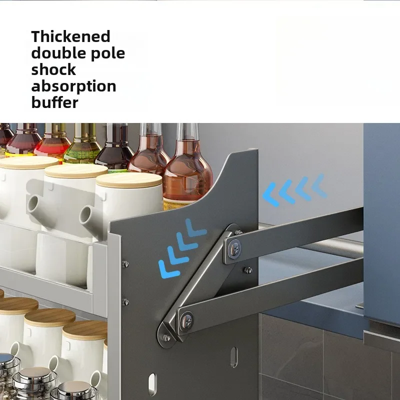 Modular Kitchen Storage Rack Liftตะกร้าลิฟท์ผงโลหะสําเร็จรูปดึงลงชั้นวาง 2 ชั้นสําหรับตู้กว้าง 60 ซม