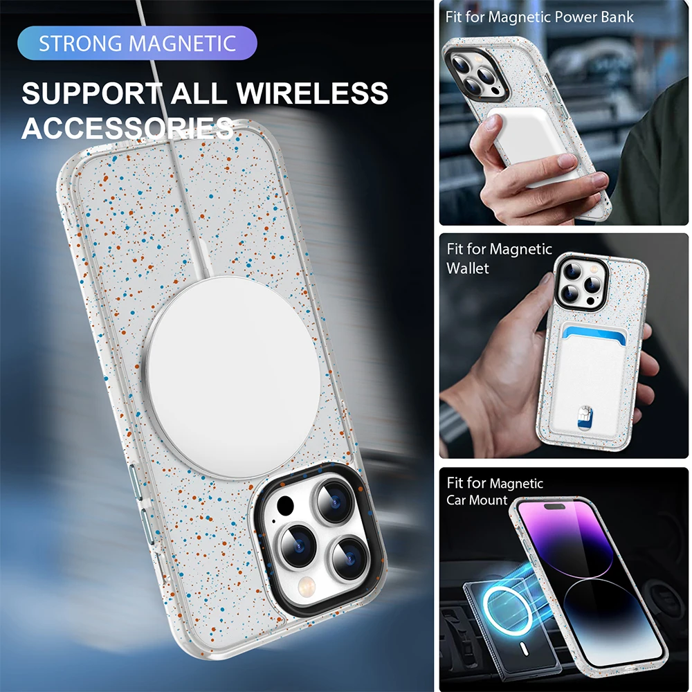 Colorful Speckle Ink pattern strong magnetic phone case for iPhone 15 14 13 12 11 Pro Max magsafe charging shockproof hard cover