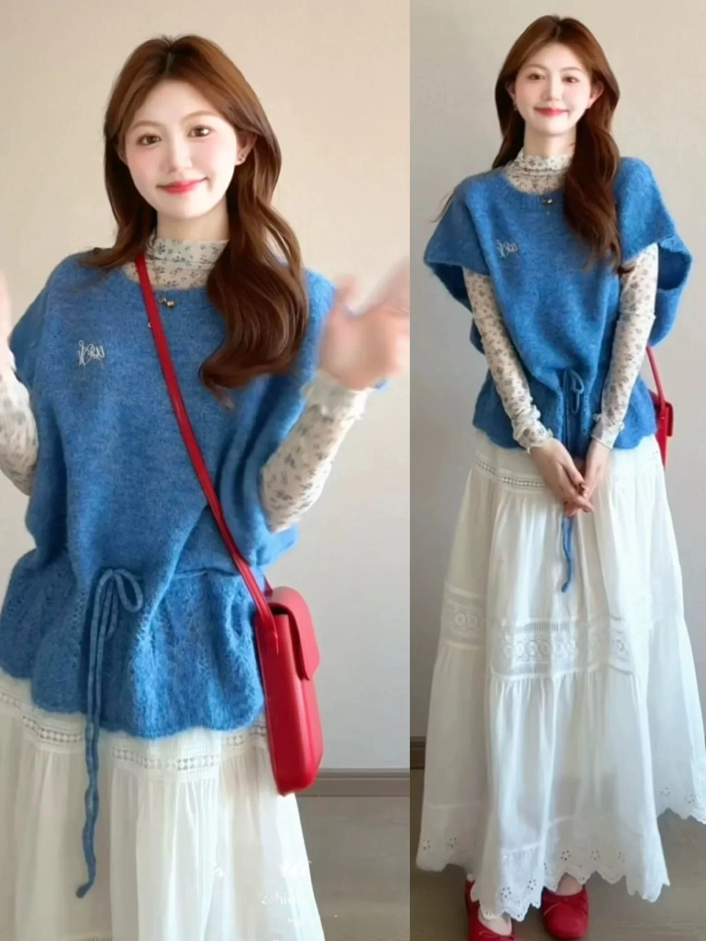 

Корейский стиль: синий вязаный жилет на завязках и юбка с высокой талией, комплект для женщин, модный весенний базовый слой с цветочным принтом