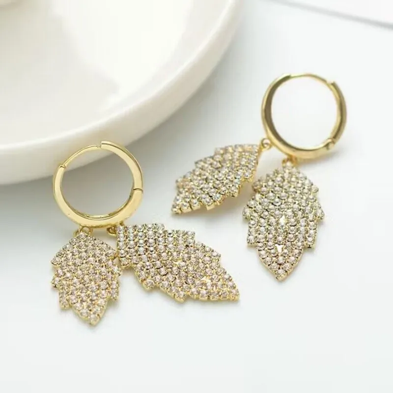 Unique Design Shiny Double Zircons Leaf Earrings for Women Fashion Personalized Daily Accessories Party Jewelry Birthday Gifts