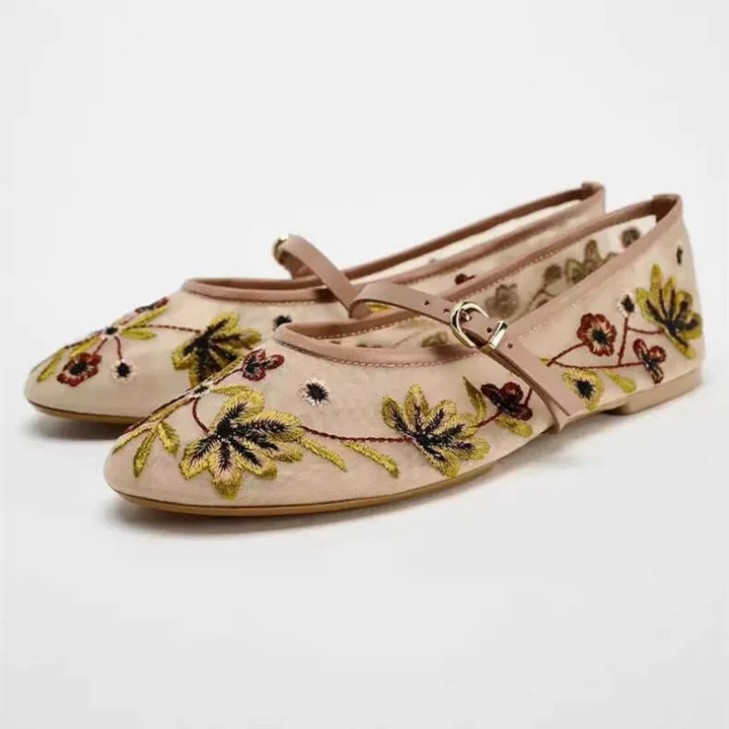 2026 Spring and Summer New Women's Fashion Flower Embroidered Mesh Ballet Flats Shoes