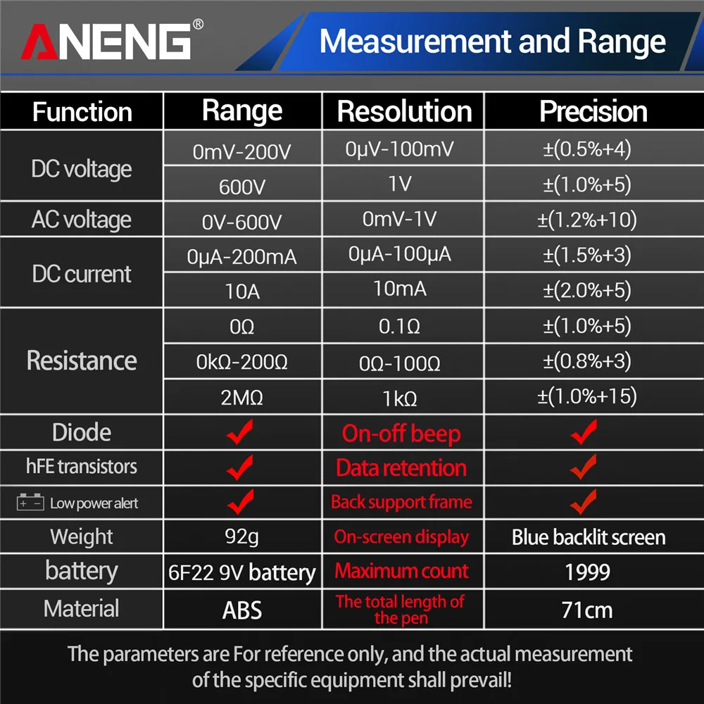 

Digital Multimeter XL830LBacklit Screen Buzzer hFE Transistors&PT1005B 1000V 10A Test Leads Probe Universal Needle Tip Tools