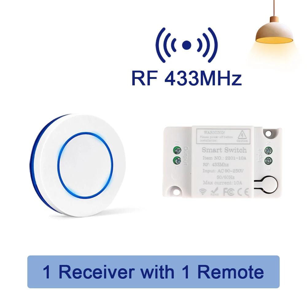 Wireless RF 433MHz Remote Control Switch AC 110V 220V 10A Relay Receiver and Round Button Transmitter for Light Lamp Fan ON OFF