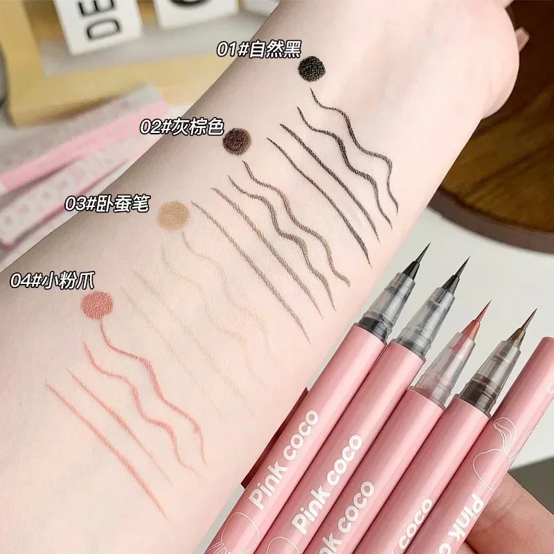 1 szt. Ultra cienki jedwabisty, matowy płynny Eyeliner wodoodporny, nie rozmazany, trwały czarno-brązowy różowy leżący jedwabnik Eyeliner makijaż oczu