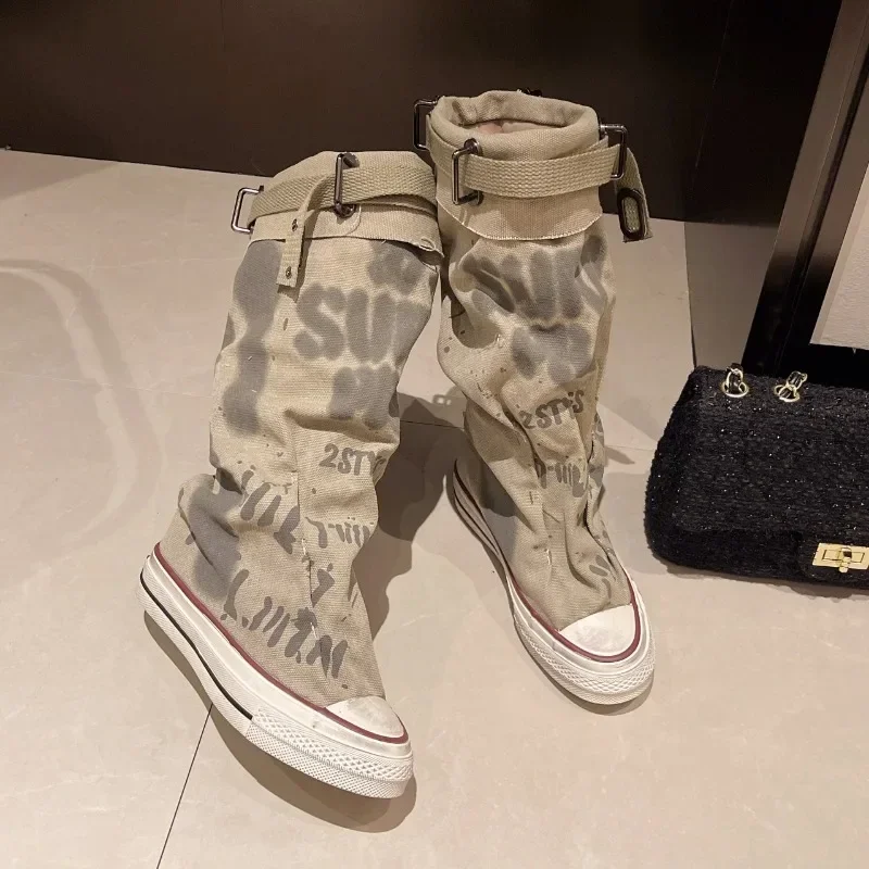High Top Canvas Boots for Women Trend Long Boot Graffiti Flats Casual Vulcanized Shoes New Trouser Barrel Stacking Boots