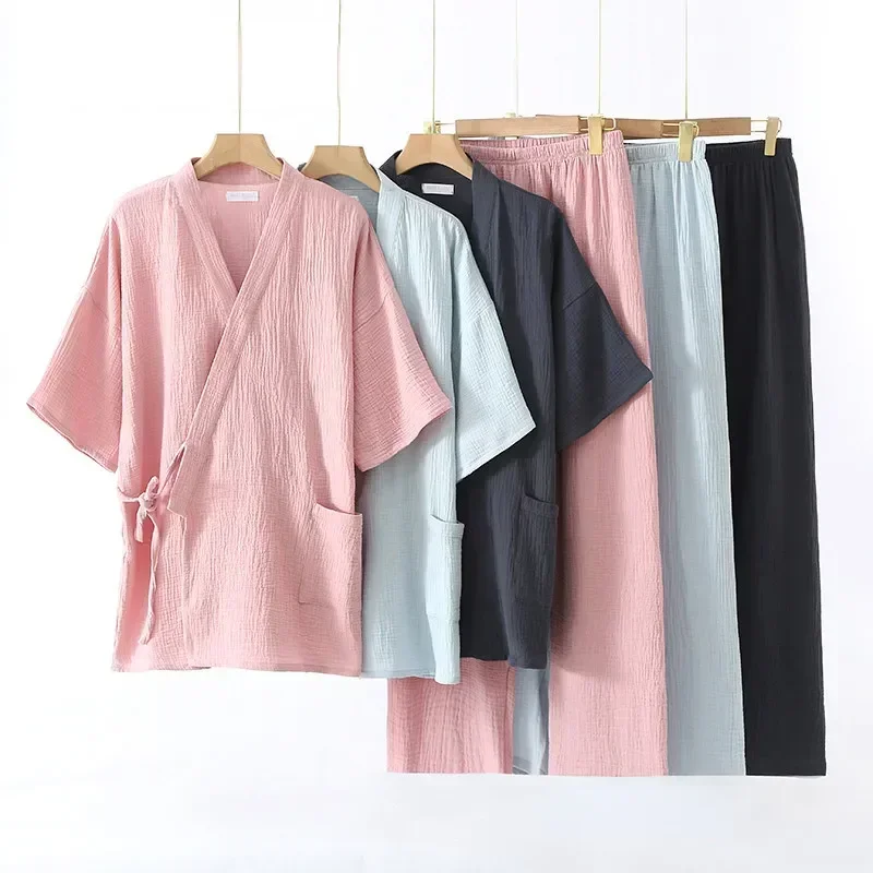 

Couple For With Perfect Loungewear Short-sleeved Top Cotton Trousers Crepe Comfortable Pajama Stylish Women's Set Gauze