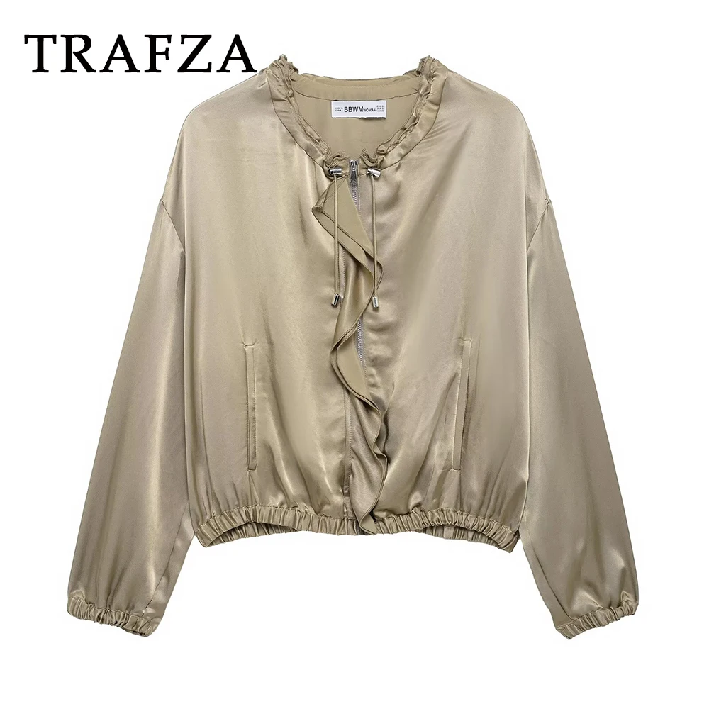 TRAFZA 2025 Chic Women Spring Pleated Short Jacket Fashion Loose Zipper Tierred Satin Solid O Neck Lady Short Vintage Jacket