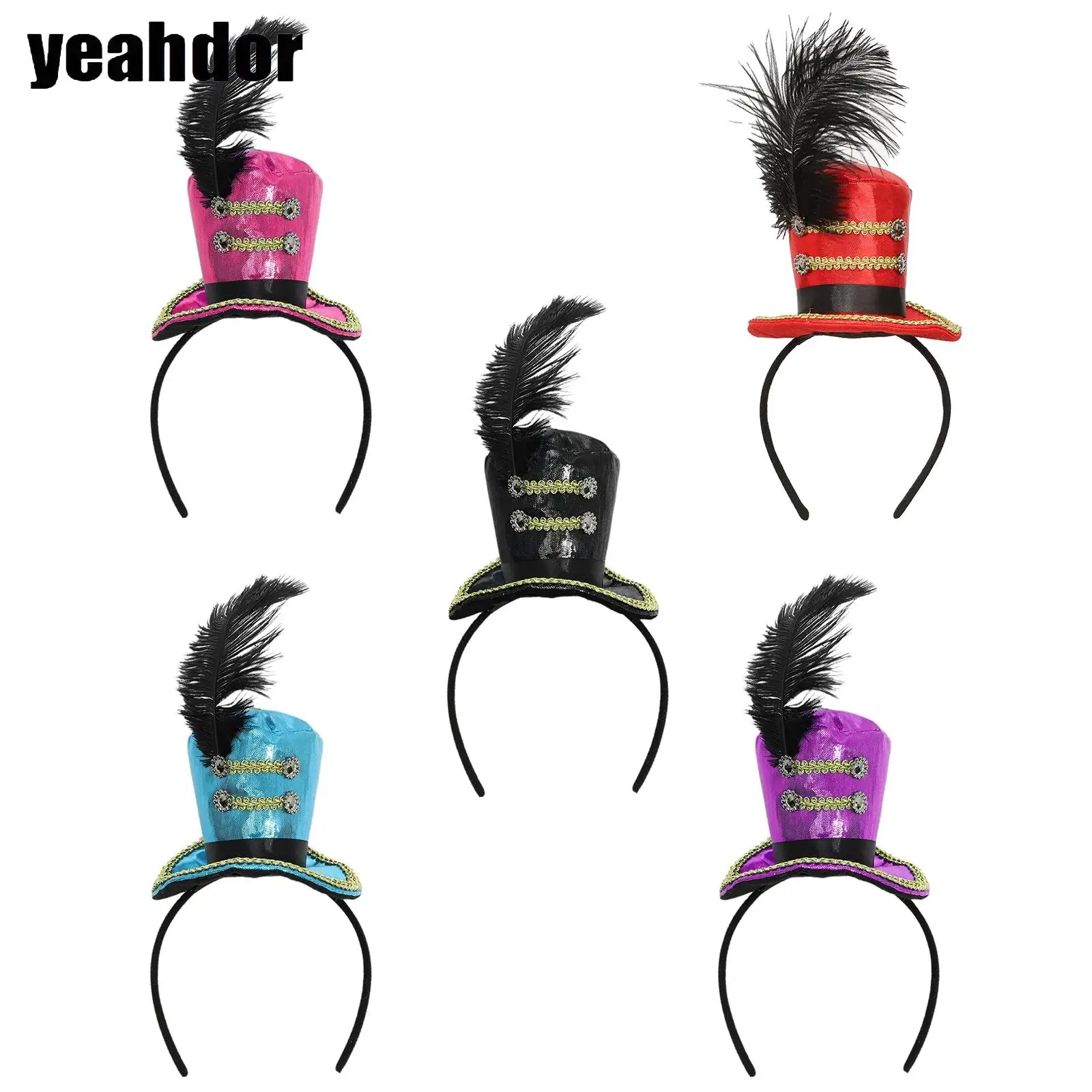 

Girls Circus Ringmaster Hair Hoop Mini Top Hat Steampunk Feather Fascinators Headband Tea Parties Halloween Lion Tamer Headpiece