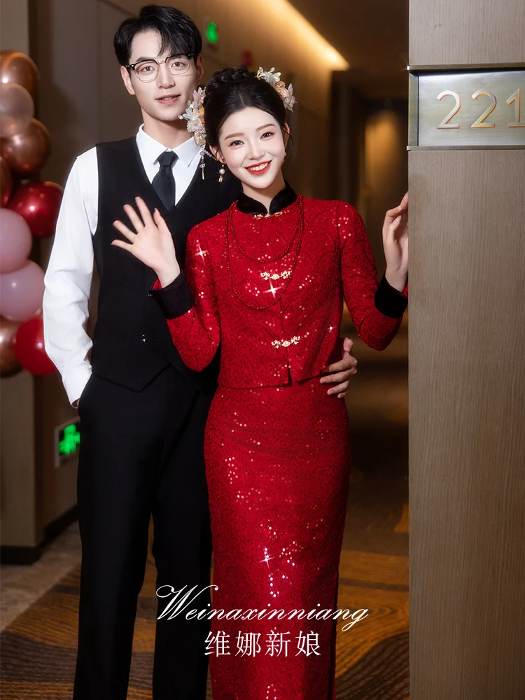 

Red Sequin Set Wedding Dr Long Sve Floor Length Fitted Gown for Engagement Par Banquet Performance