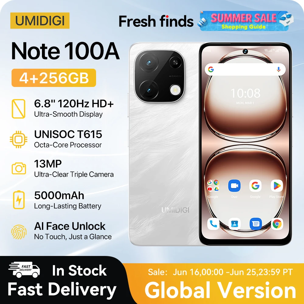 

UMIDIGI Note 100A Smartphone Android 14 6.8" 120Hz HD+ 13MP 4+4GB 256GB 20W 5000mAh Battery Dual SIM Cellphone