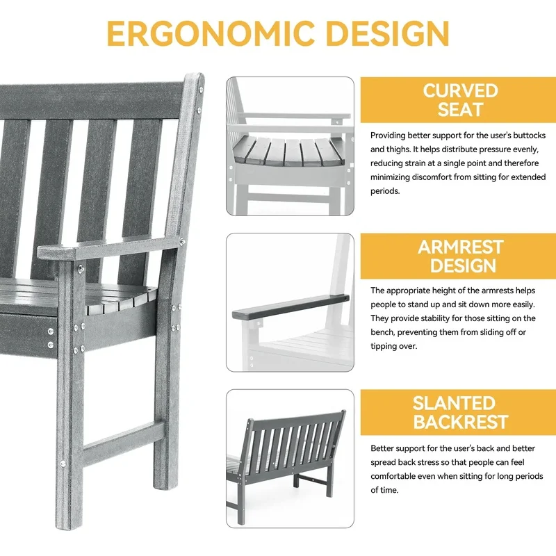 

Durable Gray Outdoor Garden Bench for 2-3 Persons, All-Weather Seating for Park, Porch, Patio, Backyard Use