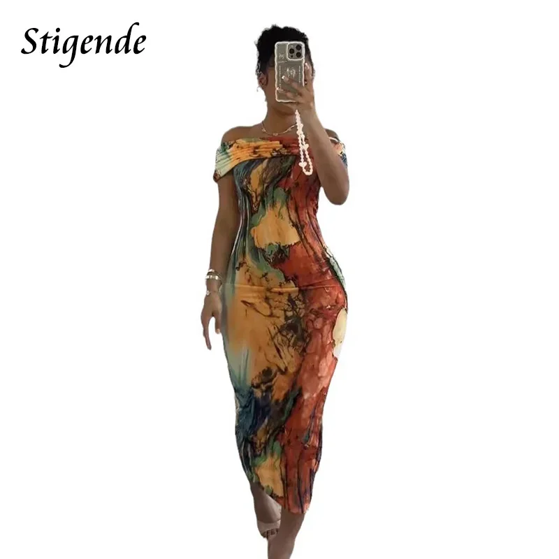 Stigende Stylish Slash Neck Skinny Midi Pencil Dress Women Sexy Off Shoulder Tie Dye Print Dress