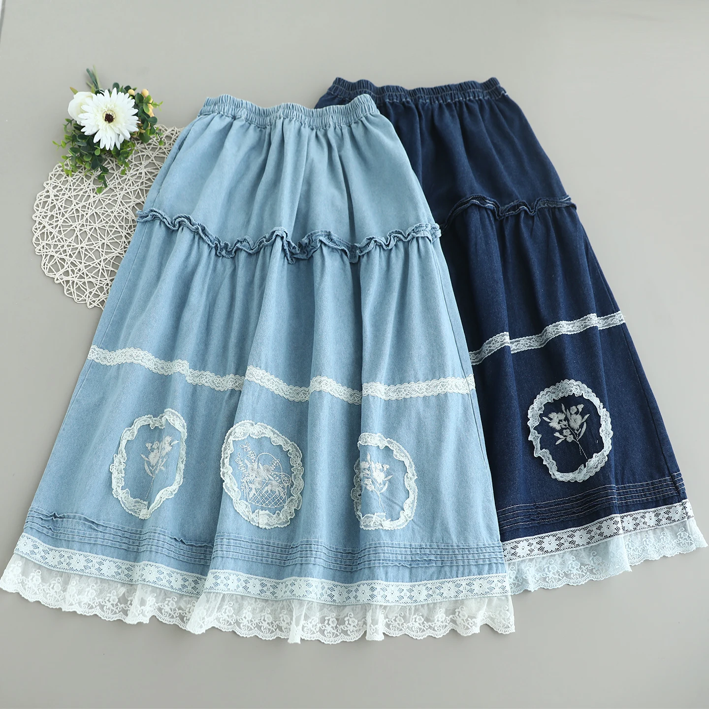 Japanese Vintage Mori Girl Lace Embroidery Patchwork Denim Skirts Women Summer Elastic Waist Casual Loose A-Line Midi Skirts