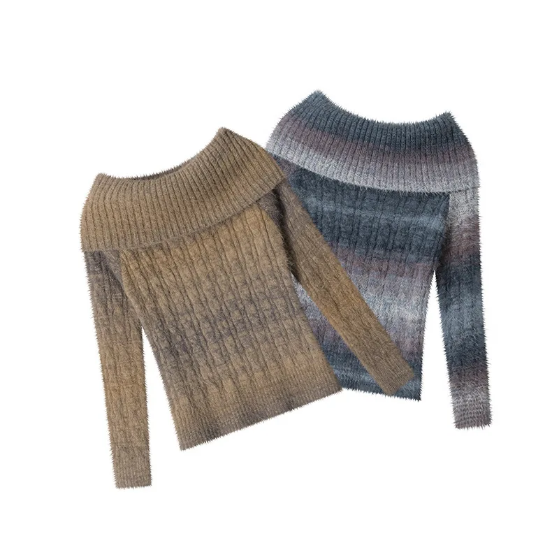 سترة محبوكة بأكمام طويلة مكشوفة الأكتاف على الطراز الأمريكي الجديد للنساء، بلوفر للخريف والشتاء #5